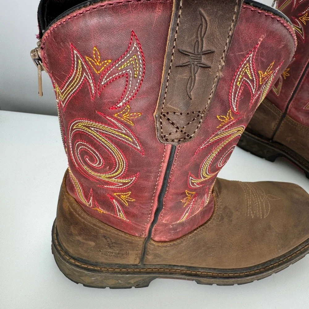 Georgia Boot Carbo Tec Western Work Boot Kids 6.5M Brown Red Pull On Square‎ Toe